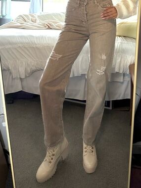 High-Rise Taupe Distressed Straight-Leg Jeans - Women